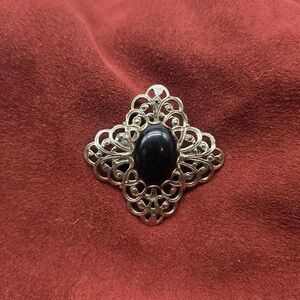Vintage Victorian Revival Silver Brooch Lapel Pin Black Stone Filigree Cross